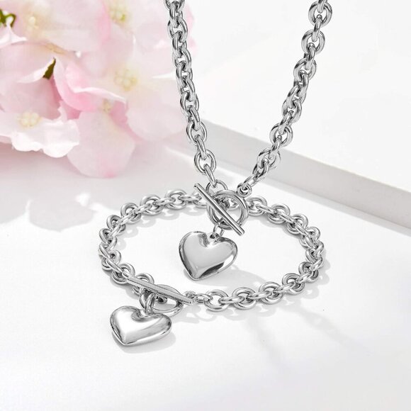 Heart Chain Necklace + Heart Bracelet for Women Girls Hearts Pendant Toggle Char - Picture 3 of 7